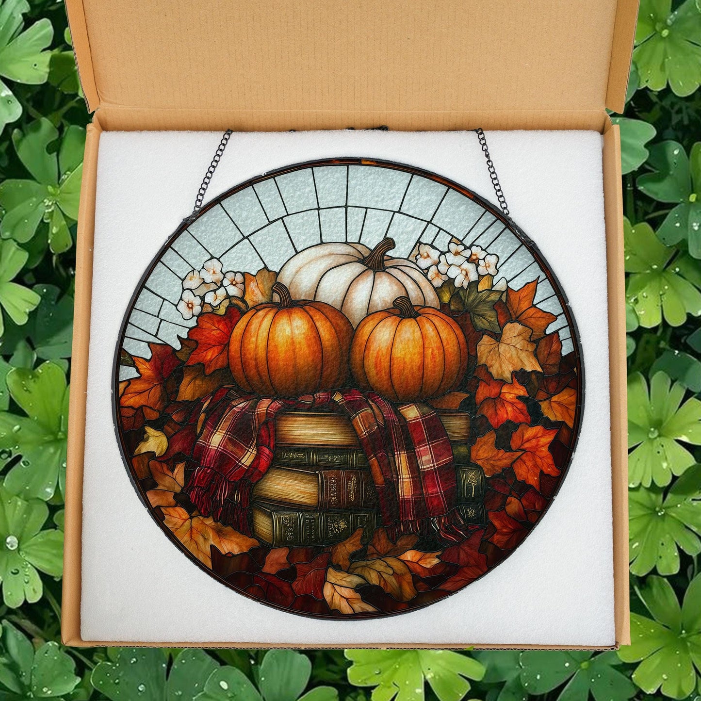 Pumpkin Books Stained Glass Decor, Cozy Fall Suncatcher with Leaves & Plaid, Thanksgiving Rustic Decor for Autumn Home or Reading Nook