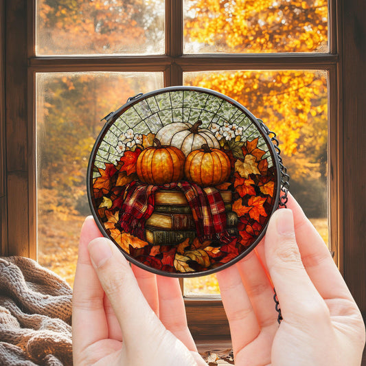 Pumpkin Books Stained Glass Decor, Cozy Fall Suncatcher with Leaves & Plaid, Thanksgiving Rustic Decor for Autumn Home or Reading Nook