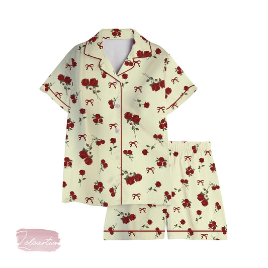 Rose Coquette Pajama Set – Vintage Red Rose & Bow Print Sleepwear, Soft Cream Button-Up Loungewear for Coquette Aesthetic Lovers