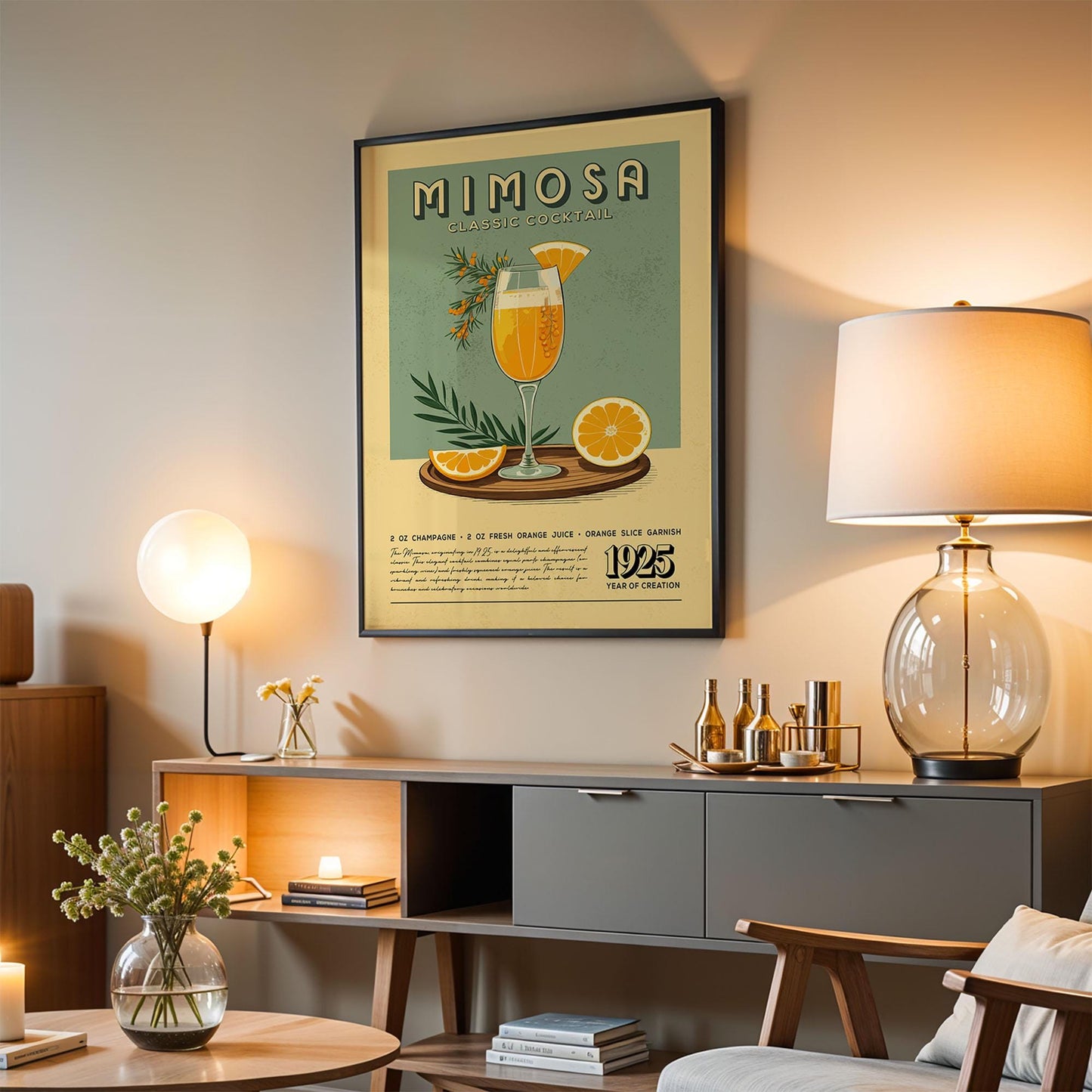 Mimosa Cocktail Print, Mimosa Cocktail Poster, Bar Wall Art, Classic Bar Cart Art Prints, Retro Cocktail Print, Bar Accessories