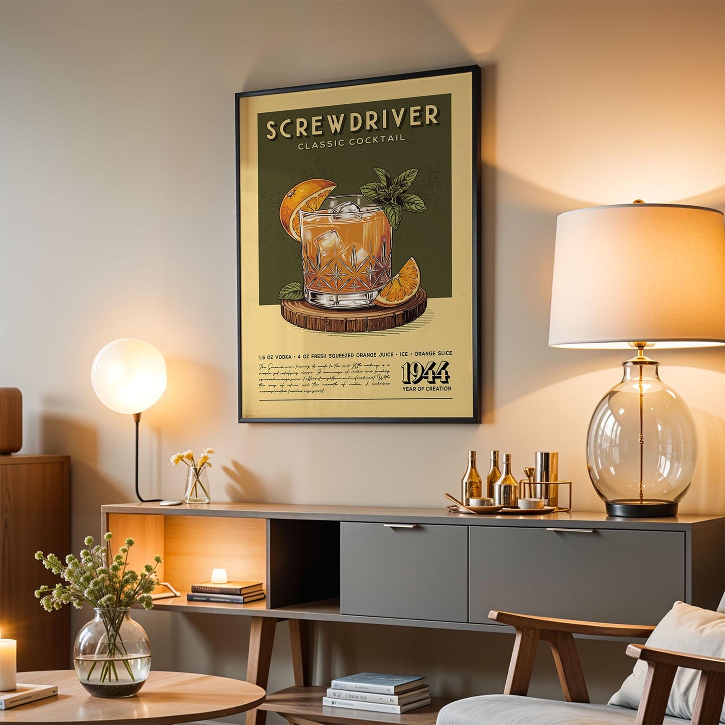 Screwdriver Cocktail Print, Screwdriver Cocktail Poster | Bar Cart Prints | Vintage Cocktail Art Bar Accessories for Home Bar Cart