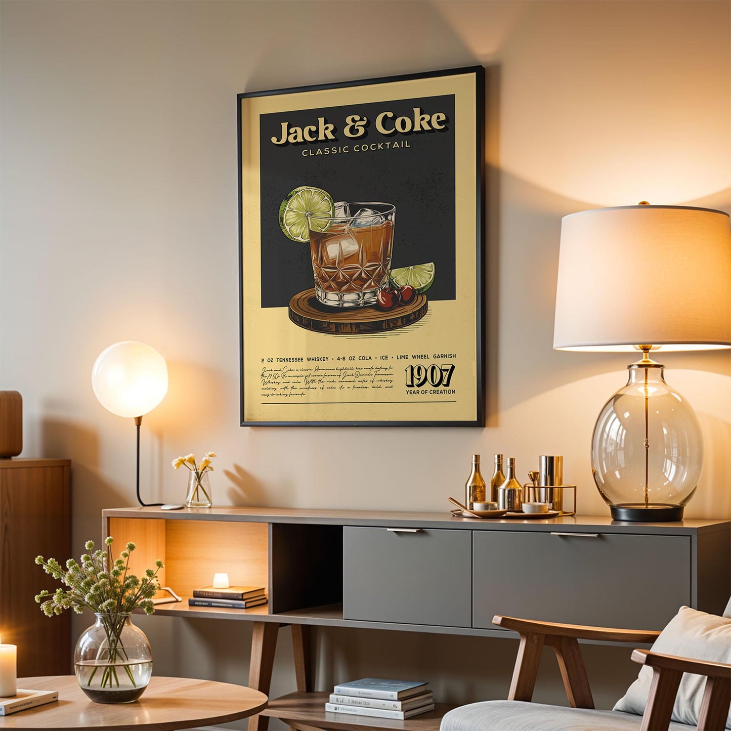 Jack and Coke Cocktail Print, Jack and Coke Cocktail Poster | Bar Cart Prints | Vintage Cocktail Art Bar Accessories for Home Bar Cart