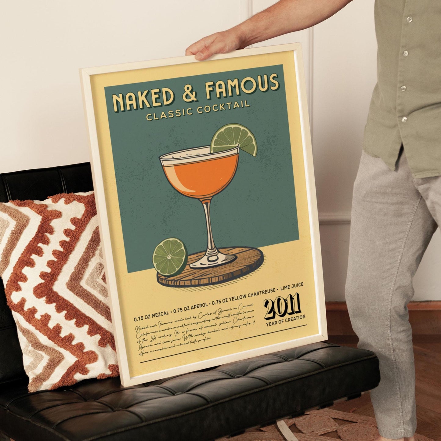 Naked and Famous Cocktail Print, Naked and Famous Cocktail Poster | Bar Cart Prints | Vintage Cocktail Art Bar Accessories for Home Bar Cart