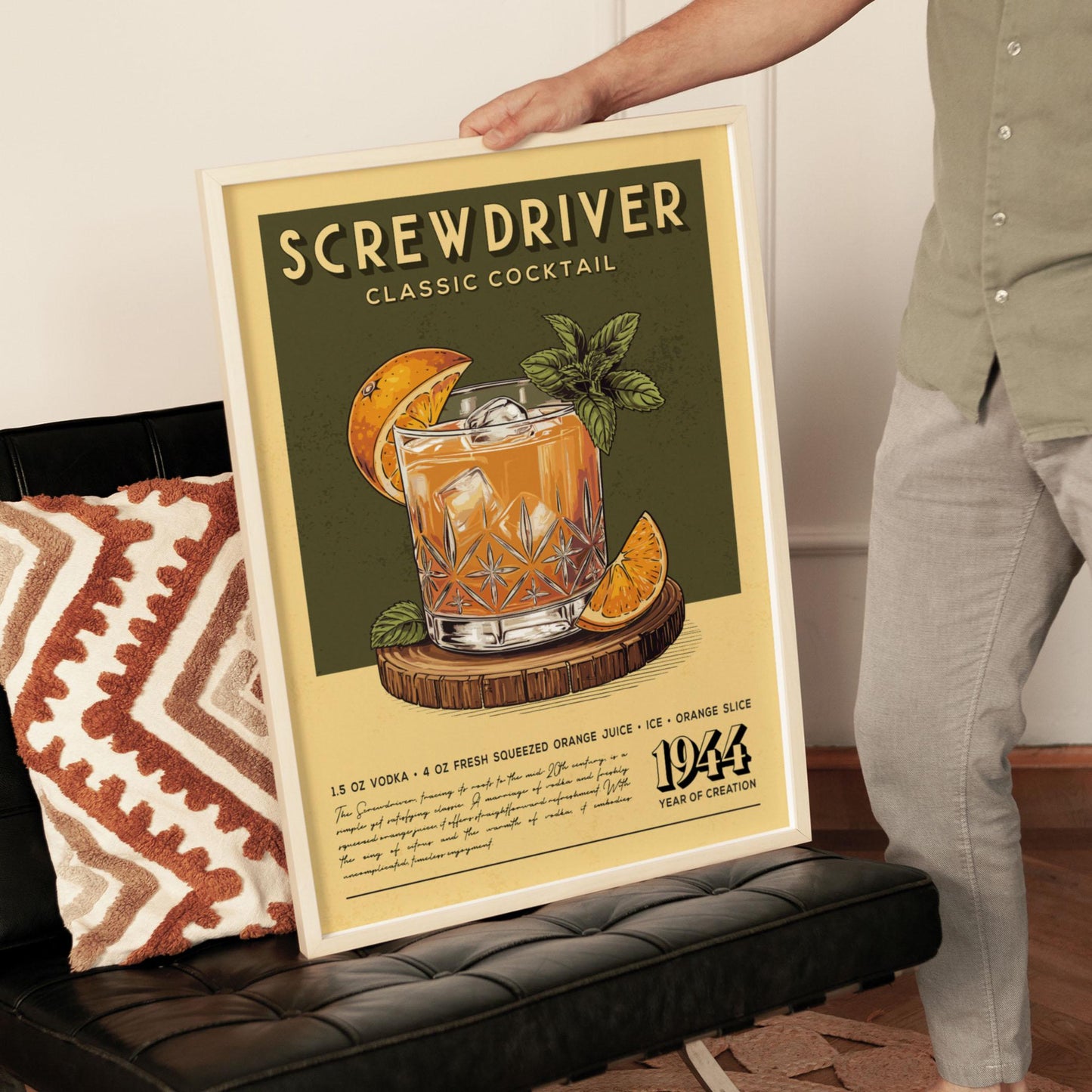 Screwdriver Cocktail Print, Screwdriver Cocktail Poster | Bar Cart Prints | Vintage Cocktail Art Bar Accessories for Home Bar Cart
