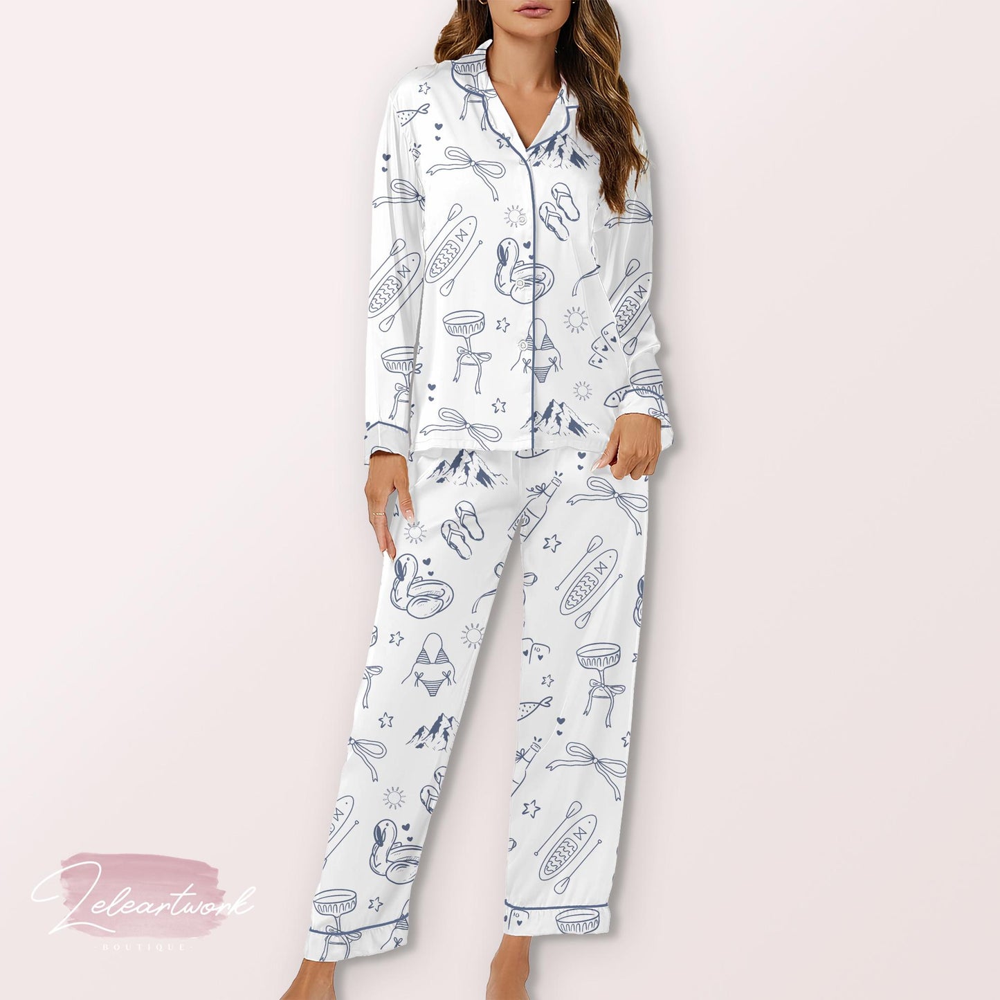 Lake Bachelorette Party Pajama Set – White Satin Button-Up And Shorts with Nautical Summer Print | Bride And Bridesmaid Sleepwear