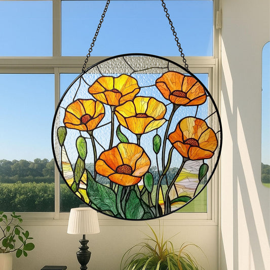California Poppy Stained Glass SunCatcher California Poppy Window Hanging Home Poppy Flower Decoration Gift Flower Lover Decor