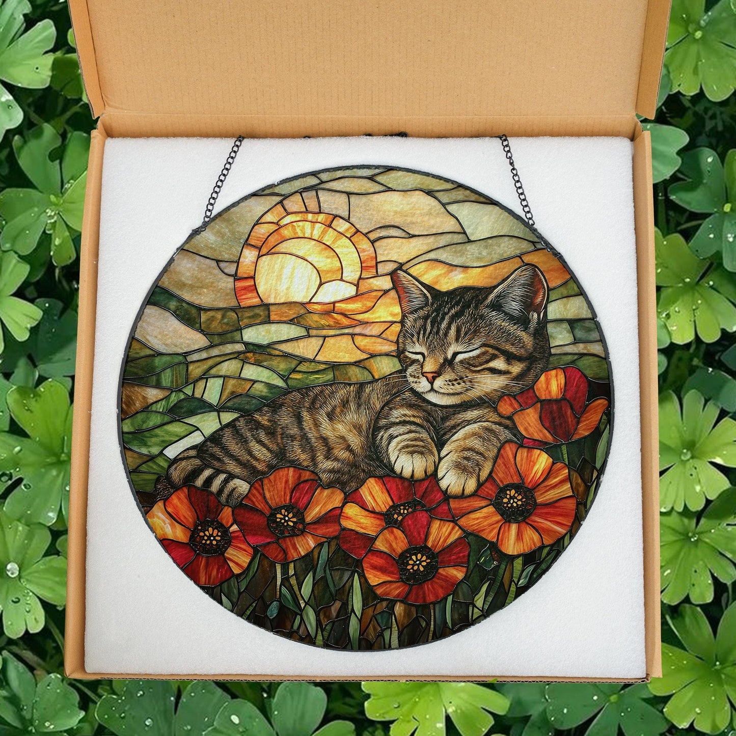 Cat Stained Glass Suncatcher, Gift For Mom, Poppies Flower Suncatcher, Tabby Cat Hanging Window, Cat Lover Gift, Flowers Field Suncatcher