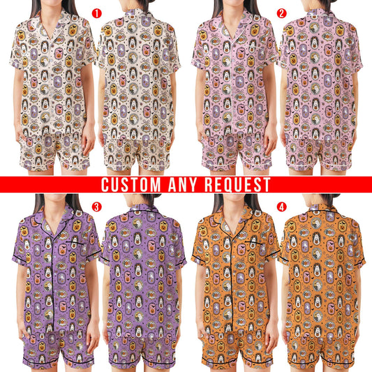 Coquette Girly Halloween Satin Pajamas Set, Spooky Season Short Long Sleeve Pajama Set, Boo Ghost Sleepwear, Cute Halloween Pajamas Set