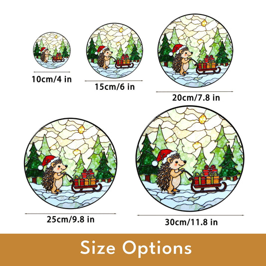 Cute Hedgehog Pulling Sleigh Stained Glass Suncatcher Christmas Window Decor Gift for Kids or Animal Lovers