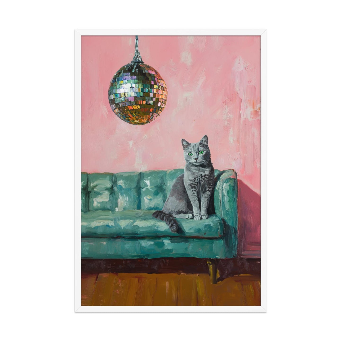 Russian Blue Cat with Disco Ball Fine Art Print | Cute Quirky Whimsical | Disco Ball Cat | Bar Cart Decor | Trendy Home Wall Art Gift
