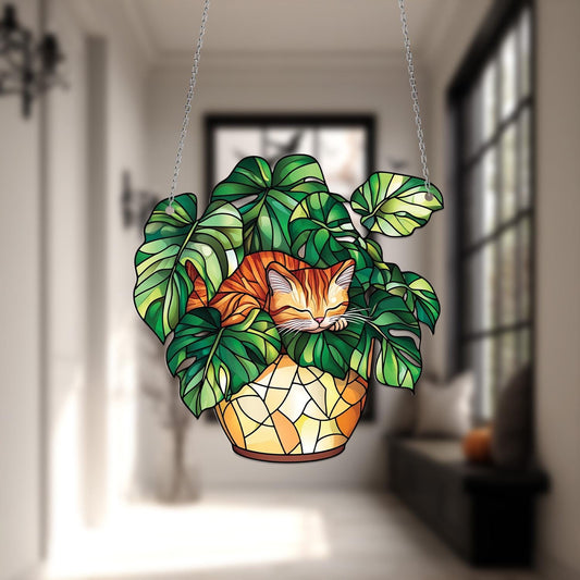 Cat Window Hanging Sleeping in Monstera Leaves – Cozy Botanical Decor for Nature Lovers and Whimsical Home Style
