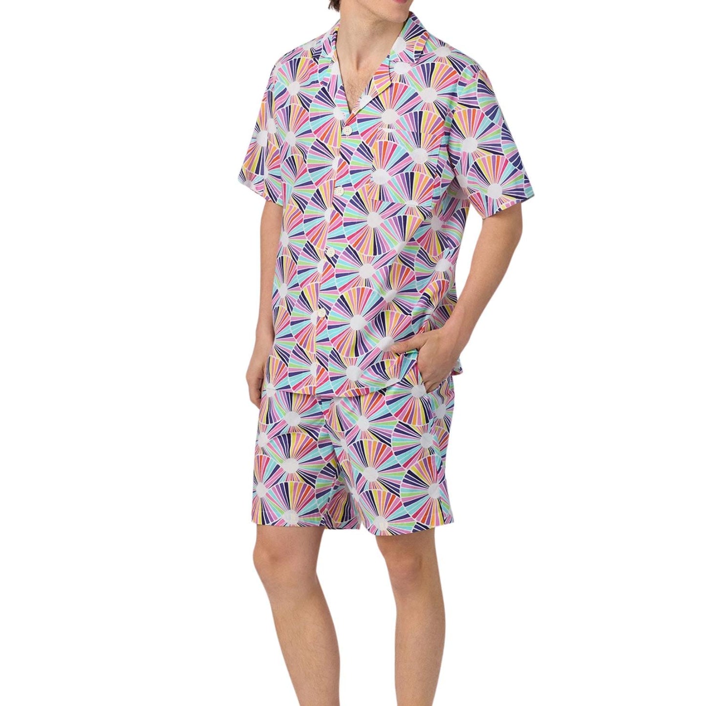 Men'S Short Sleeve Notch Woven Cotton Poplin Boxer Pj Set Pajamas Set