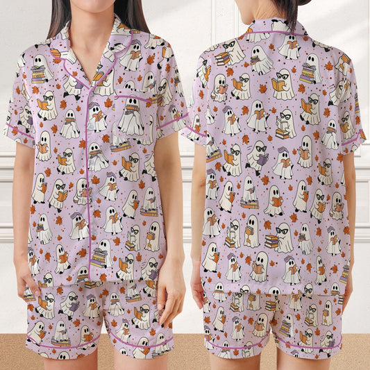 Bookish Boo Ghost Halloween Satin Pajamas, Funny Bookworm Halloween Sleepwear Gift, Reading Lover Trick Or Treat Halloween Pajamas Set