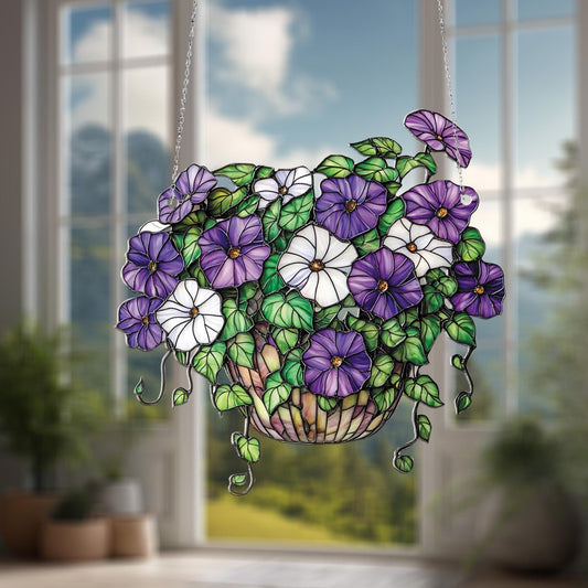 Window Hanging Purple And White Morning Glory Flowers In Basket, Bringing Fresh Garden Beauty And Artistic Charm To Your Home Décor