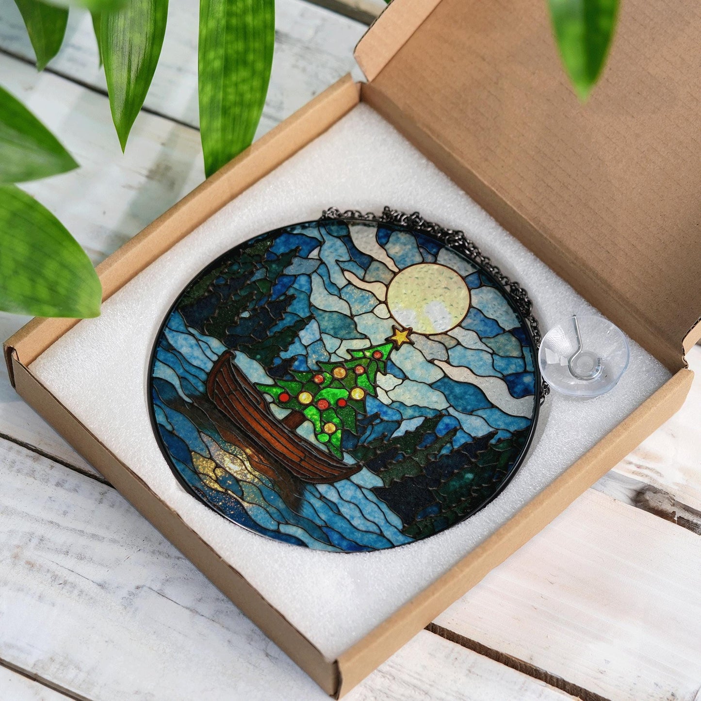 Christmas Tree Boat Moonlight Suncatcher Stained Glass Window Decor Gift for Holiday Lovers