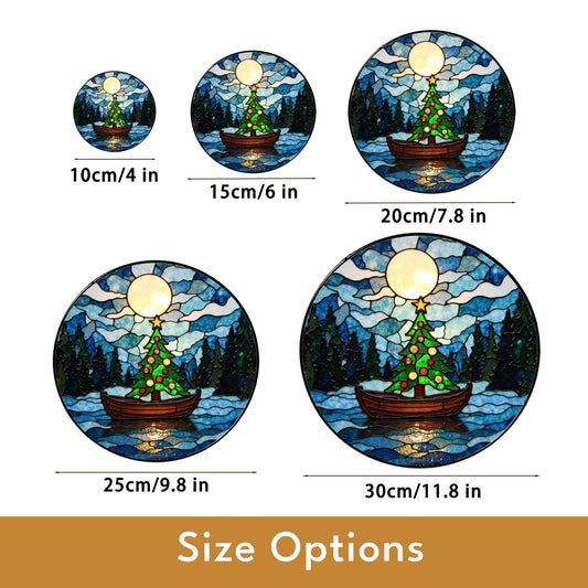 Christmas Tree Boat Moonlight Suncatcher Stained Glass Window Decor Gift for Holiday Lovers