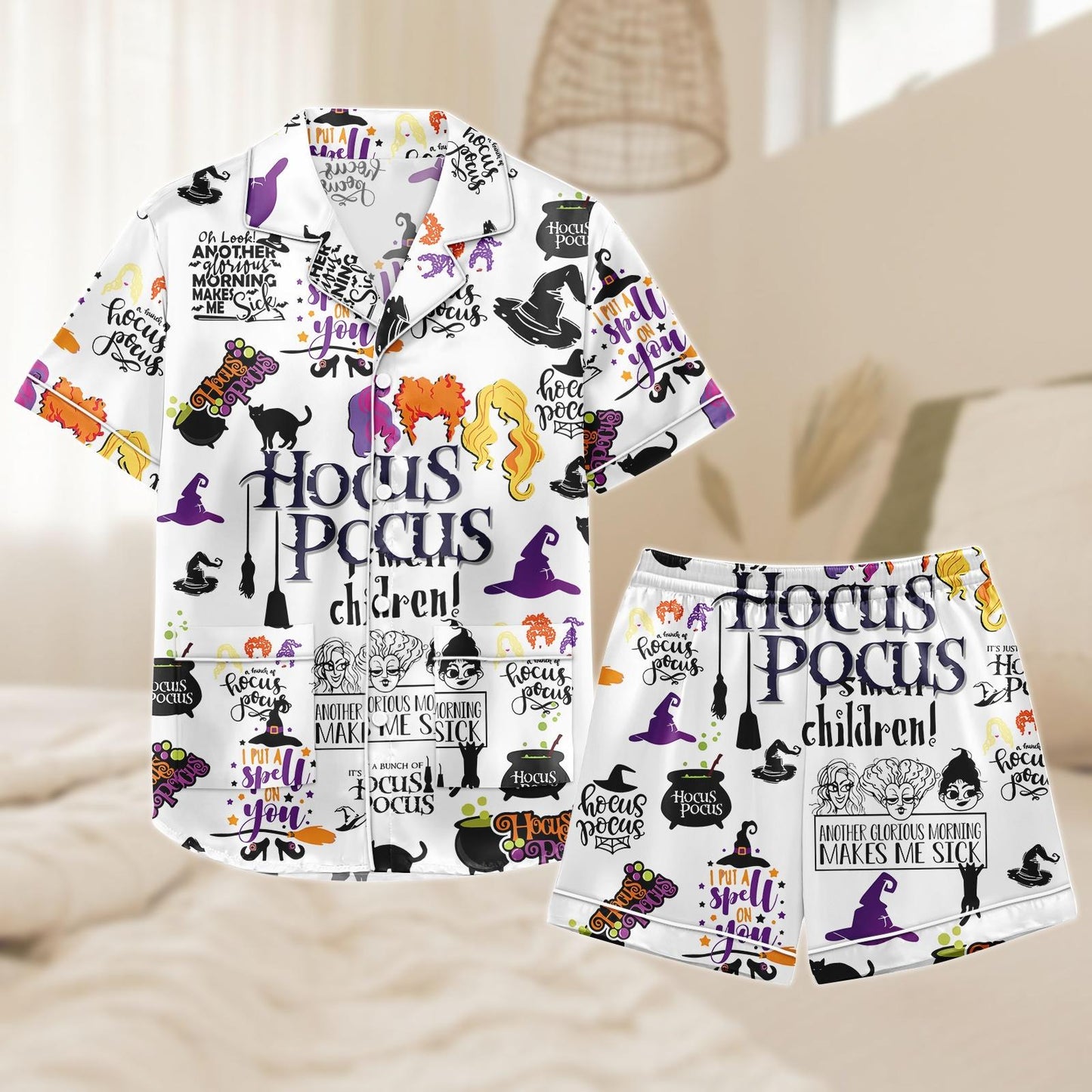 Hocus Pocus Short Satin Pajamas, Witchy Sleepwear Set for Women, Silky Halloween Lounge Outfit, Pajama Shorts, Gift for Hocus Pocus Fan Pajamas Set