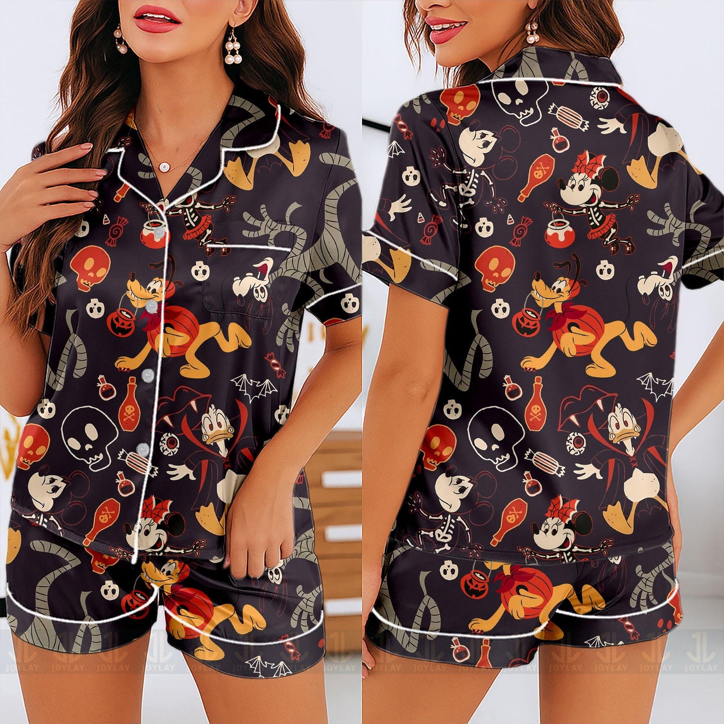 Goofy Dog Pluto Dog Fall Pumpkin Unisex Satin Pajamas Set, Spooky Season Pajamas , Long Sleeve And Short Styles