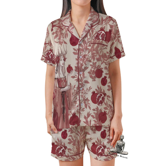 Persephone Pajama Set Short Sleeves, Persephone Goddess Pomegranate Woman's Satin Pajama Short Sleeve