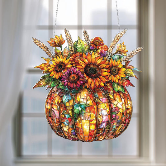 Vibrant Pumpkin and Sunflower Window Hanging Decoration – Colorful Autumn Harvest Ornament for Seasonal Home or Gift