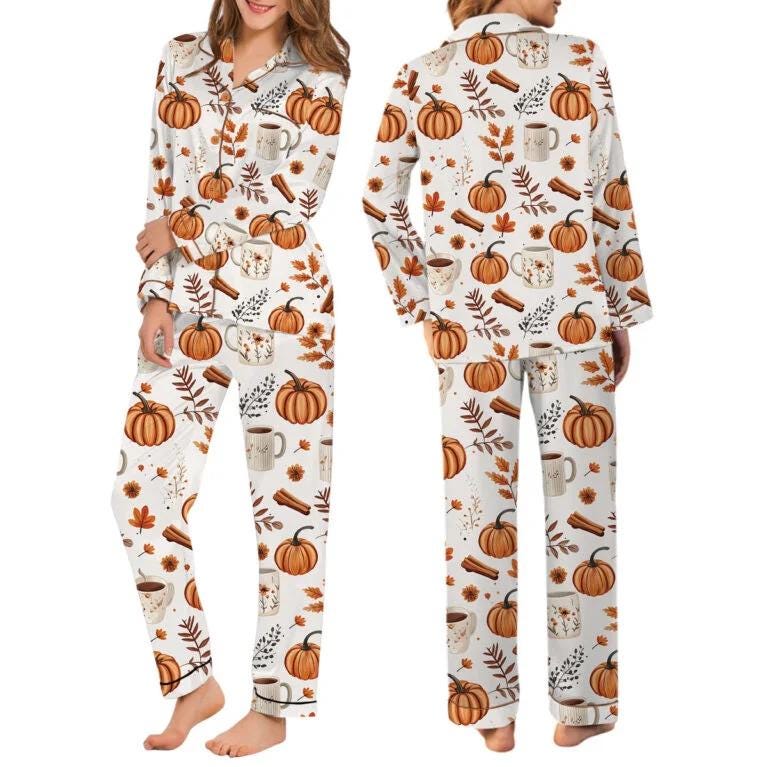 Pumpkin Spice Fall Satin Pajamas Set Pajamas Set