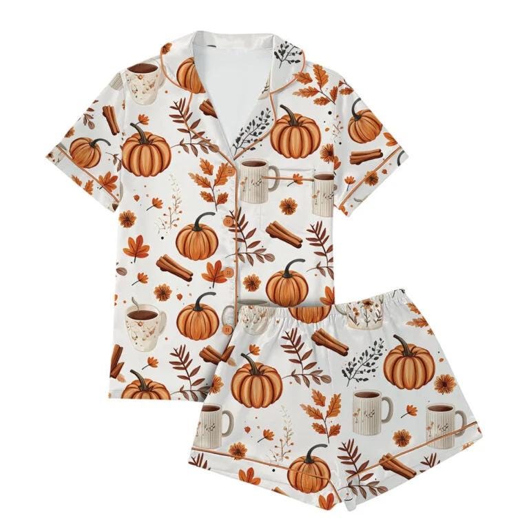 Pumpkin Spice Fall Satin Pajamas Set Pajamas Set