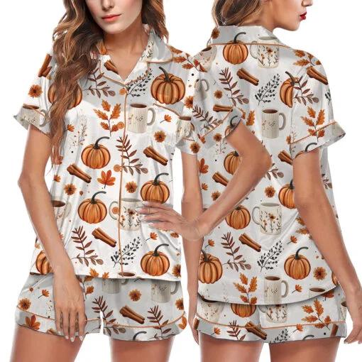 Pumpkin Spice Fall Satin Pajamas Set Pajamas Set