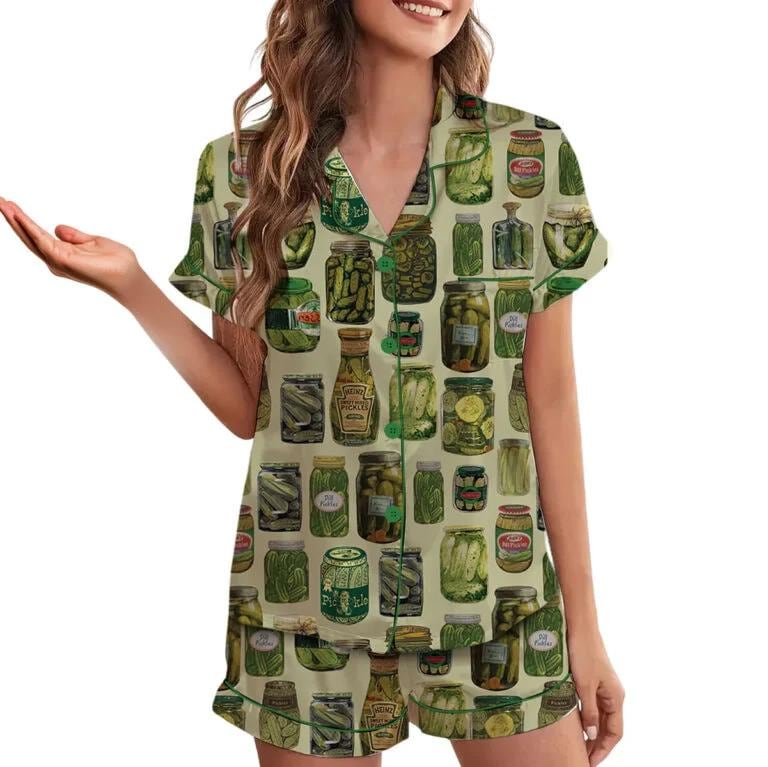 Dill Pickle Collage Satin Pajama Set For Women Pajamas Set