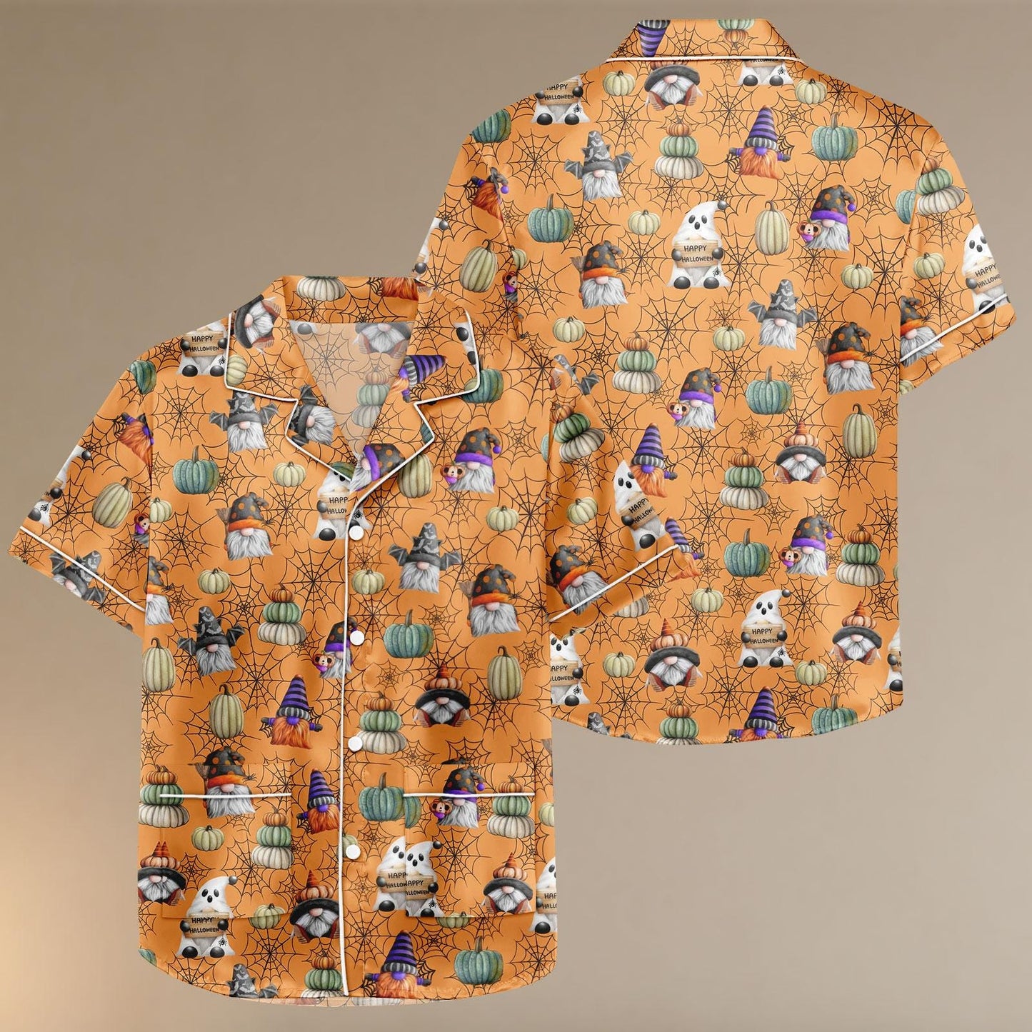 Halloween Gnome Pumpkin Satin Pajamas, Cute Halloween Pajama Shorts, Satin Sleepwear, Autumn Lounge Set, Spooky Pumpkin Pjs Set