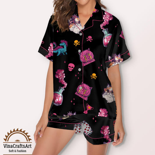 Magic Cat Potion Satin Pajamas Set, Black Short Sleeve Sleepwear with Fantasy Cat, Halloween Magic Cat Pajamas Set, Cat Lover Set