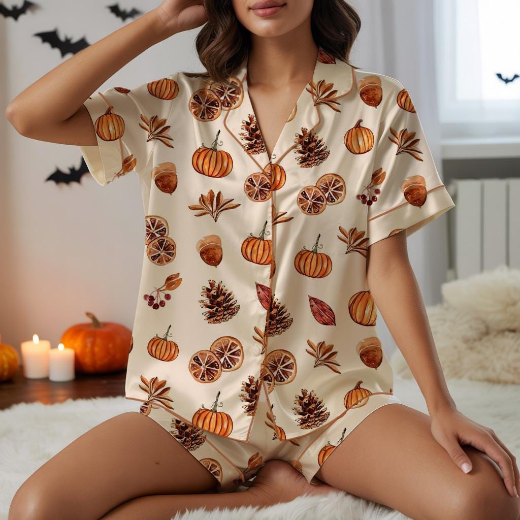 Autumn Pumpkin and Pinecone Satin Pajama Set for Women, Cozy Silky Loungewear, Cozy Fall Aesthetic Satin Pajamas,Cozy Fall Christmas Pajamas Pajamas Set
