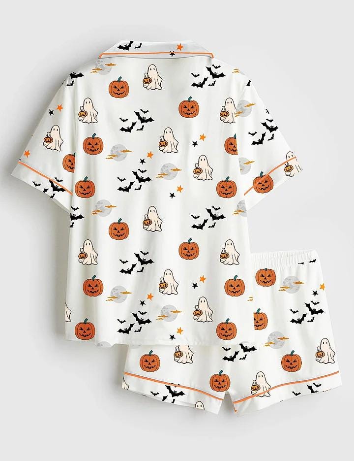 Women’s Spirit Halloween Pumpkin Boo Short Sleeve Satin Pajama Set, Pajamas Set short Long Gift For Women