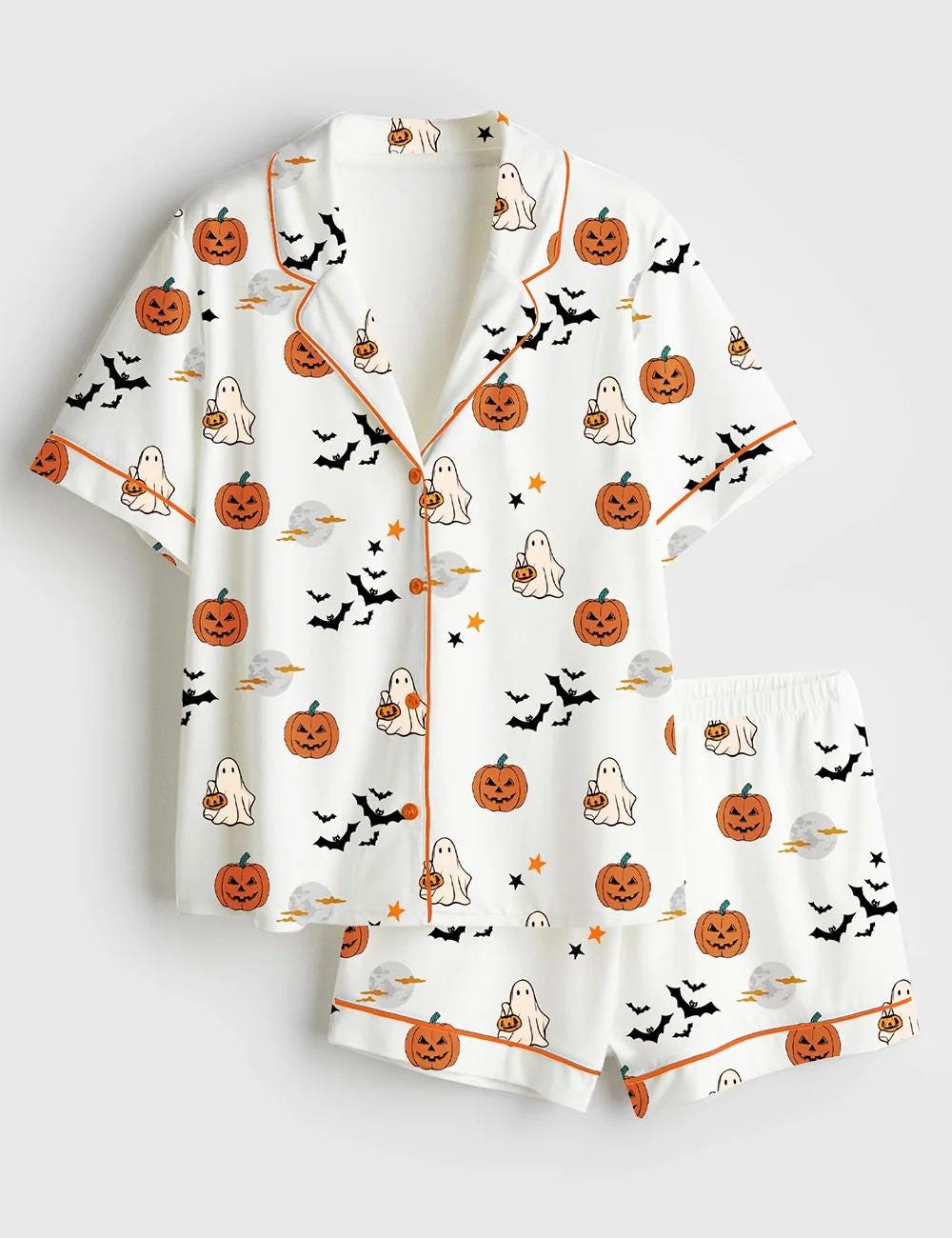 Women’s Spirit Halloween Pumpkin Boo Short Sleeve Satin Pajama Set, Pajamas Set short Long Gift For Women