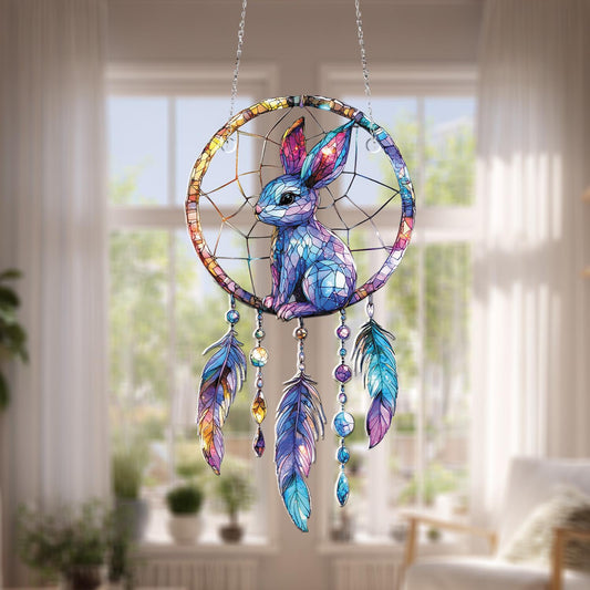 Colorful Bunny Dreamcatcher Window Hanging with Feathers and Beads, Perfect Boho Decor Gift for Home or Special Occasions