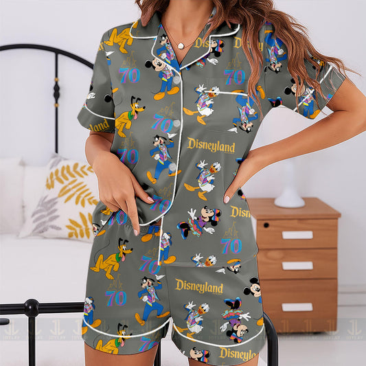 Mickey Minnie Donald Goofy 70th Unisex Satin Pajamas Set, Spooky Season Pajamas , Long Sleeve And Short Styles