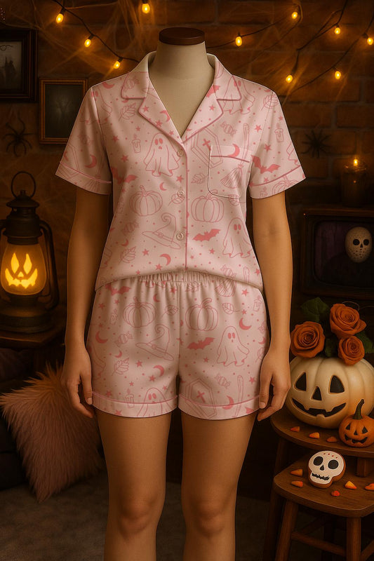 Pink Halloween Satin Pajama Set with Ghost and Pumpkin Pattern, Cute Short Sleeve Sleepwear for Spooky Fall Nights, Pink ghost Sleepwear Pajamas Set
