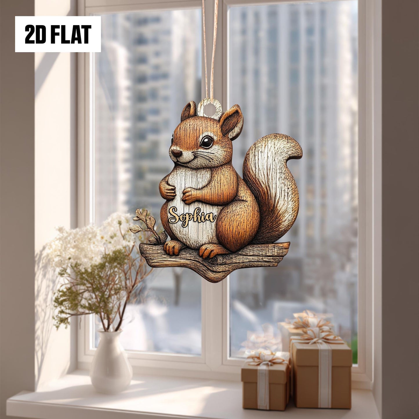 Personalized Squirrel 2D Flat Ornament, Custom Name Squirrel Decoration, Cute Tree Ornament, Woodland Animal Holiday Decor, Animal Lover