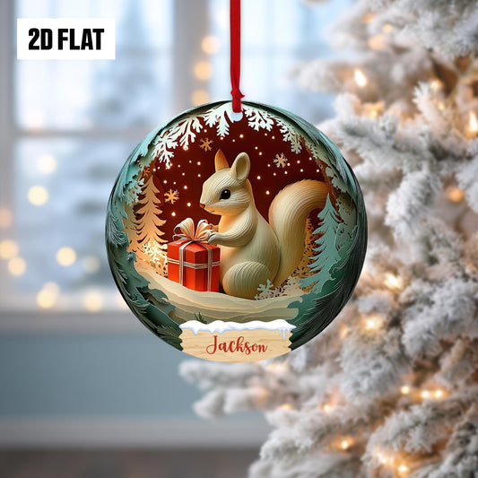Personalized Squirrel Holding Presents 2D Flat Ornament, Squirrel Paper Cut Effect Christmas Ornament, Squirrel Christmas Home Decoration