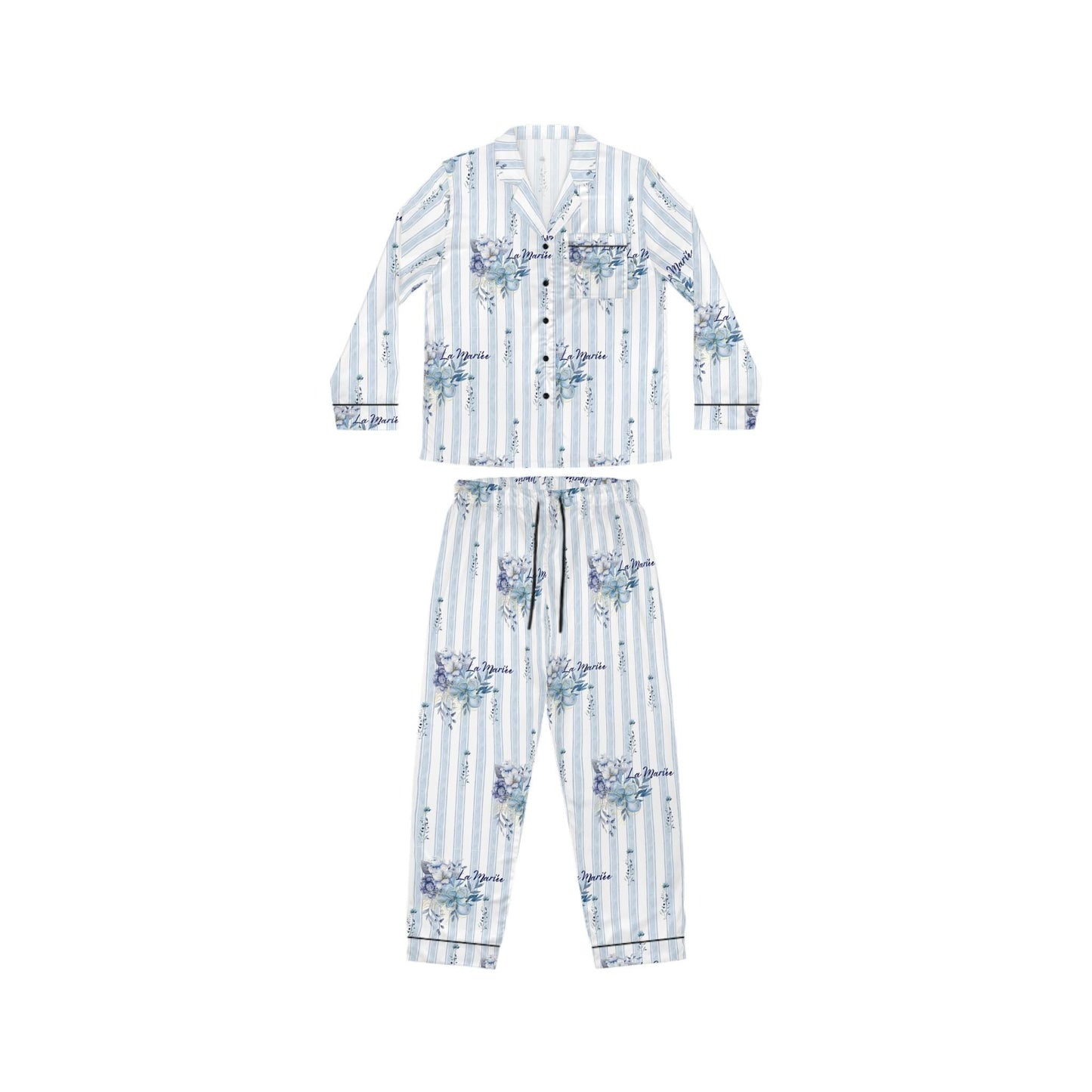 Bridgerton Inspired Something Blue Satin Bridal Pajamas – Vintage Floral Stripe Bride Getting Ready Sleepwear Set – Wedding Morning Outfit