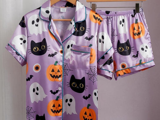 Girly Halloween Satin Pajamas Set, Ghost Pajamas, Ghost Pumpkin Pjs, Black Cat Pajamas, Halloween Pajamas, Spooky Season Gift, Halloween Pjs