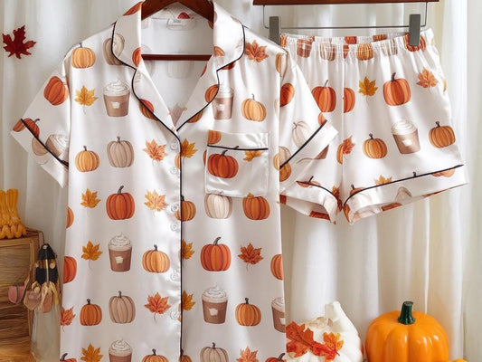 Cozy Fall Aesthetic Satin Pajamas Set, Autumn Pajamas, Fall Pajamas, Pumpkin Pajamas, Family Pajamas, Pumpkin Latte Pjs, Cozy Season Pajamas