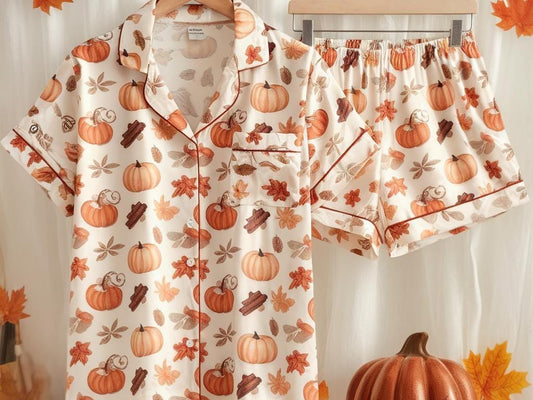 Cozy Fall Aesthetic Satin Pajamas Set, Autumn Pajamas, Fall Pajamas, Pumpkin Pajamas,Pumpkin Spice Pajamas, Halloween Pjs, Cozy Season Pjs