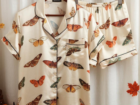 Cute Butterflies Satin Pajamas Set, Magical Moths Pajamas, Autumn Pajamas, Cozy Fall Aesthetic Pajamas, Moth Collection Pjs, Halloween Pjs
