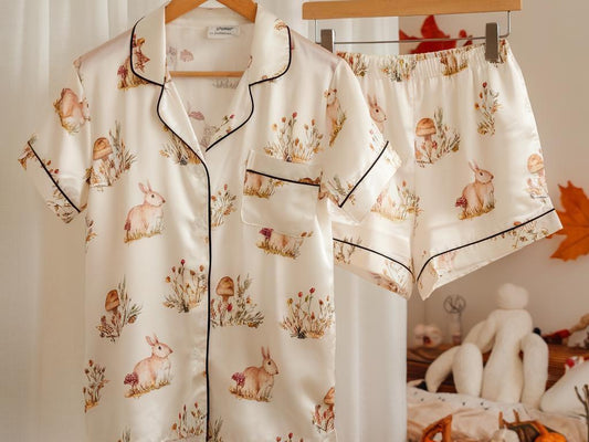 Rabbit and Wild Flowers Satin Pajamas Set, Rabbits Pajamas, Autumn Pajamas, Cozy Fall Aesthetic Pajamas, Nature Lovers Pjs, Cozy Season Pjs