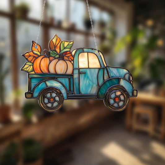 Vintage Blue Truck With Pumpkins Window Hanging, Charming Autumn Harvest Décor For Rustic, Cozy, And Festive Seasonal Home Accent