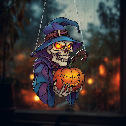 Spooky Skeleton In Witch Hat Holding Pumpkin Window Hanging, Gothic Halloween Décor For Haunted Home, Creepy And Festive Accent