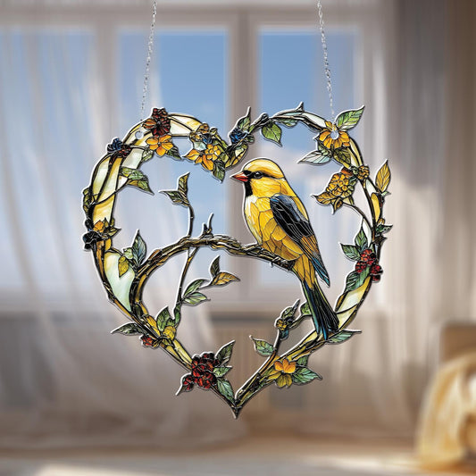 Yellow Bird on Heart-Shaped Floral Vine Hanging Panel, Nature-Inspired Window or Wall Art, Perfect Gift for Bird and Garden Lovers