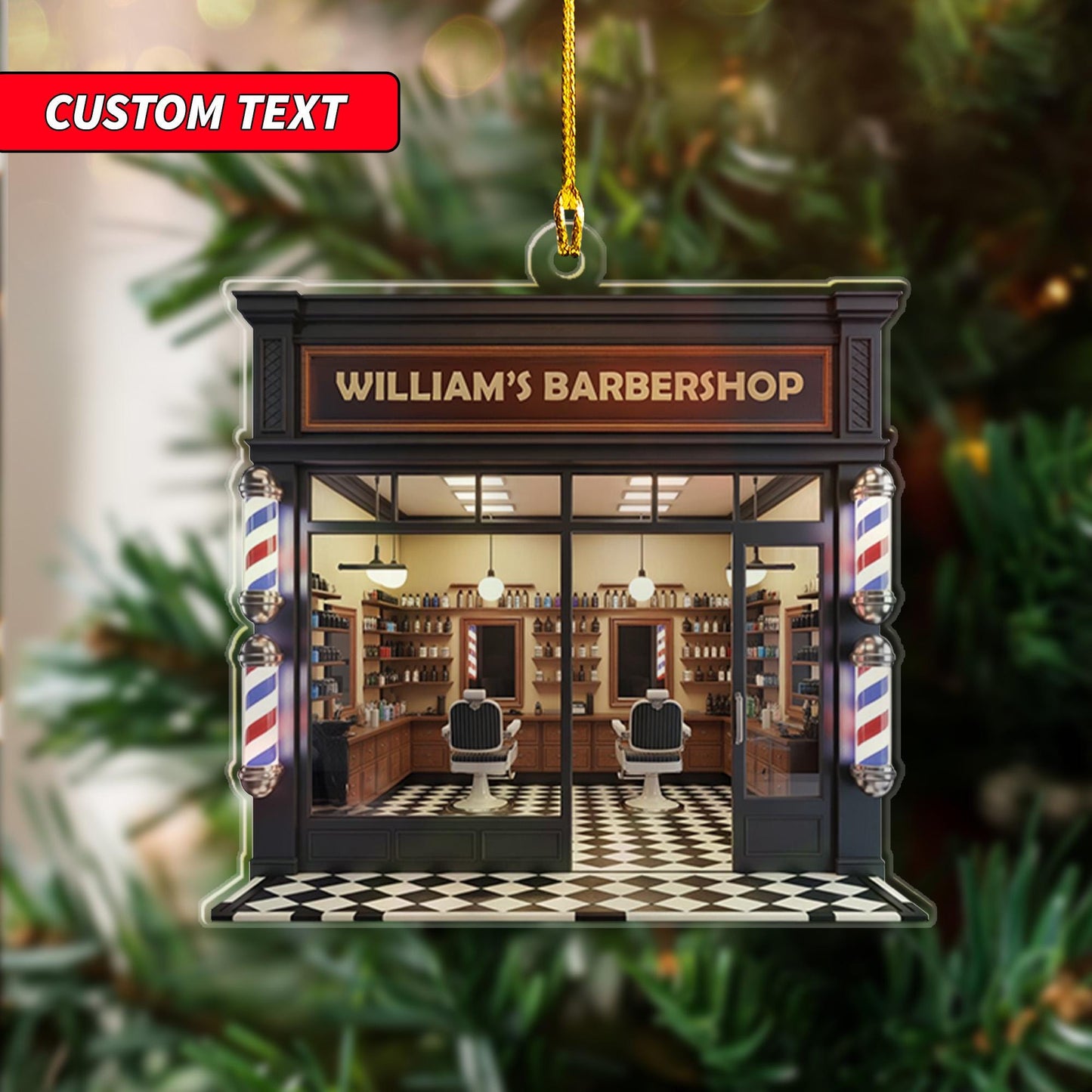 Personalized Barber Shop Xmas 2D Flat Ornament, Custom Barber Ornament, Christmas Thank You Gift, Christmas Keepsake, Barber Salon Decor
