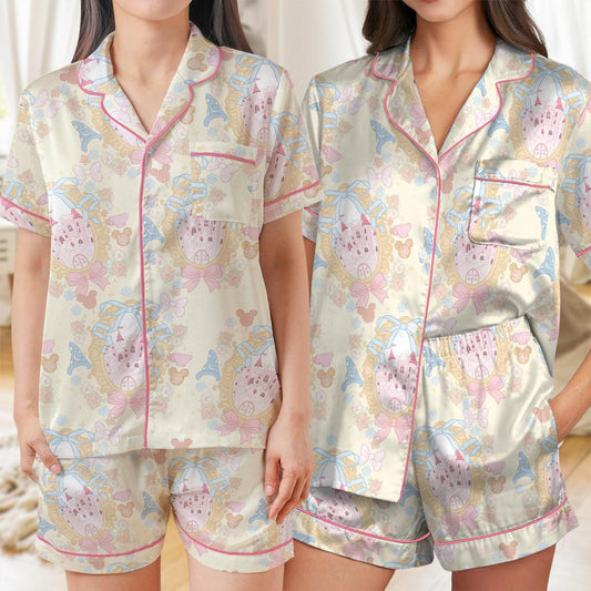 Watercolor Magical Castle Coquette Bow Pajama Set, Magic Mirror Sleepwear, Dreamy Castle Pajamas, Magical Kingdom Loungewear,Mickey Fantasia