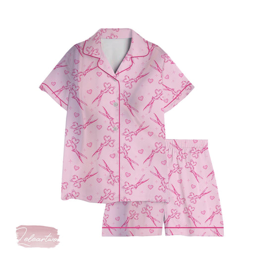 Scissors Set – Pink Coquette Pajama Set with Heart Handle Shears, Cute Girly Sleepwear for Crafters, Sewists & Softcore Lovers